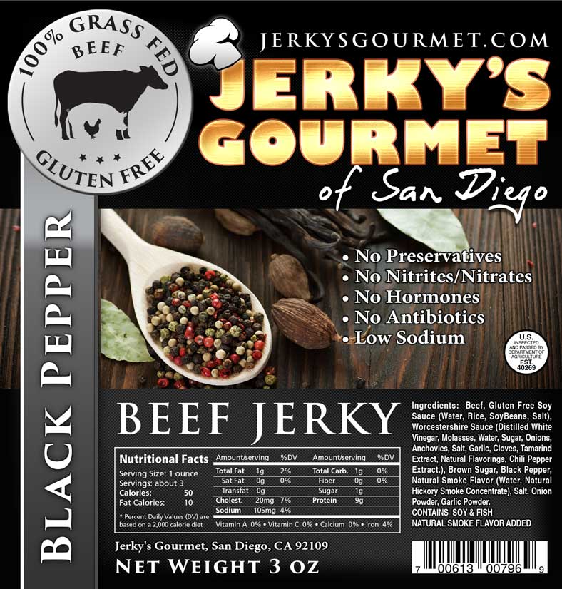 Black Pepper Label Jerky's Gourmet Grass Fed Beef Jerky